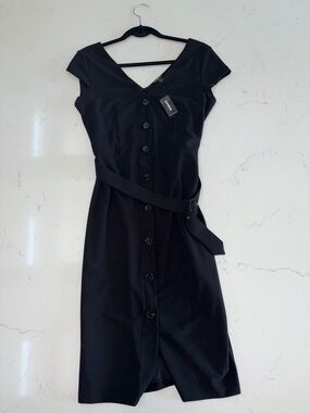 Express Black Midi Button-Front Dress with Waist Tie